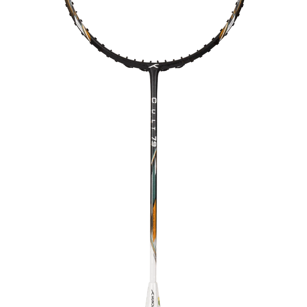 Badminton racket with a black graphite frame, white grip, and orange accents, featuring HUNDRED CULT 79 branding.
