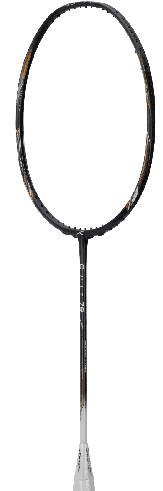 HUNDRED CULT 79 badminton racket with a slim black graphite frame, subtle gold accents and a white grip