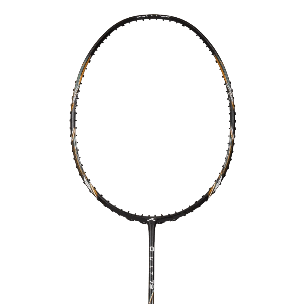 HUNDRED CULT 79 badminton racket with a black graphite frame, orange accents, and a dark wrapped grip