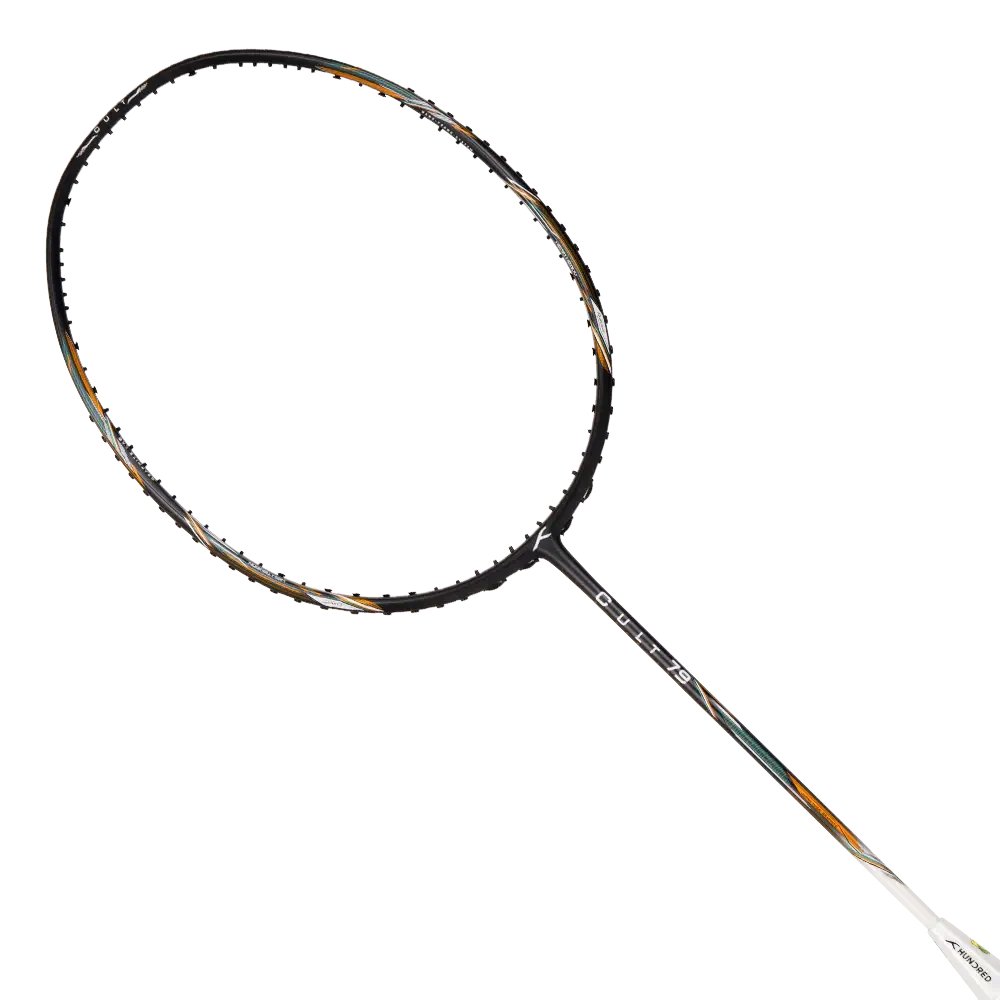 HUNDRED CULT 79 badminton racket with a black graphite frame, orange and silver accents, and a slim flexible shaft