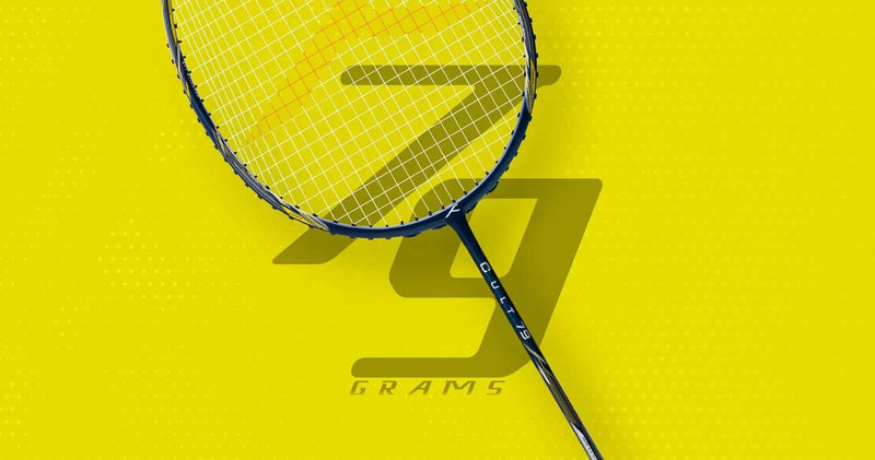 Badminton racket HUNDRED CULT 79 with a dark blue graphite frame, yellow strings and slim shaft