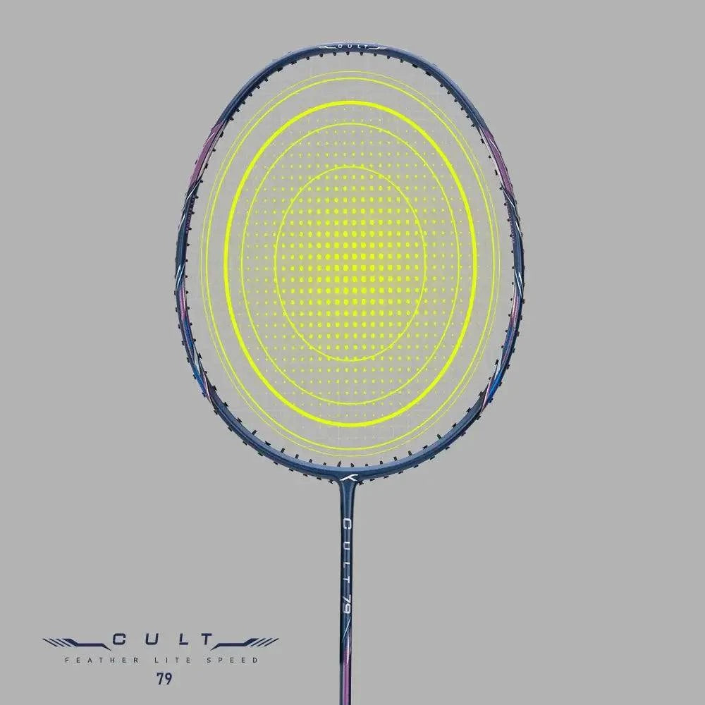 Badminton racket, HUNDRED CULT 79, with a blue and purple graphite frame, neon yellow strings and a slim shaft