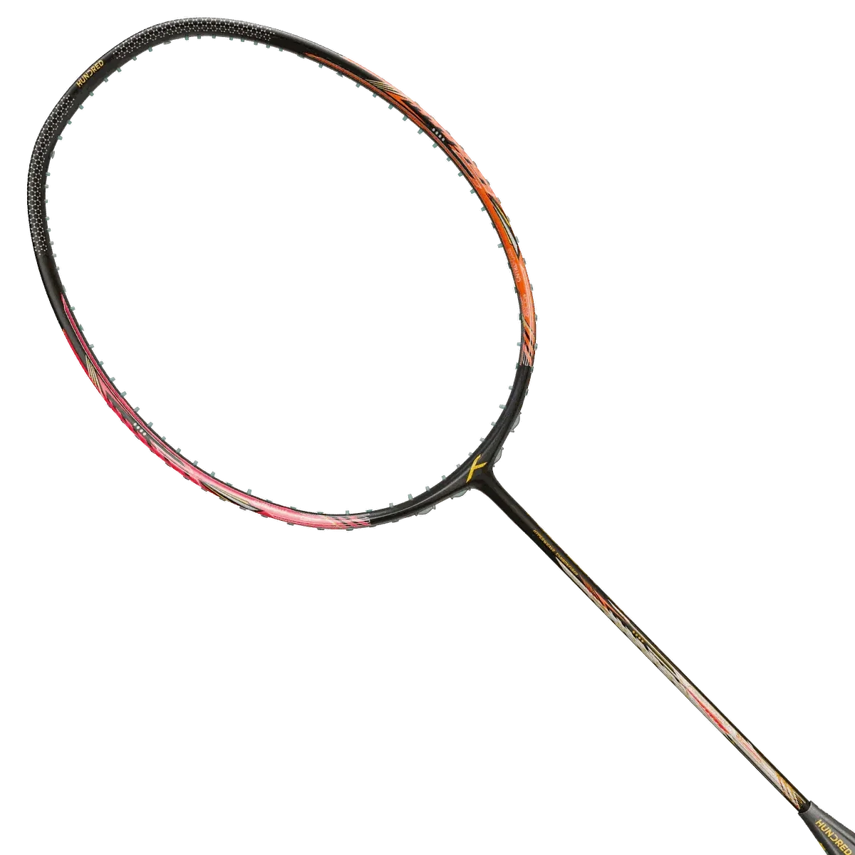 HUNDRED Flareon 700 Pro badminton racket with a black frame, orange-red accents, and dark patterned shaft