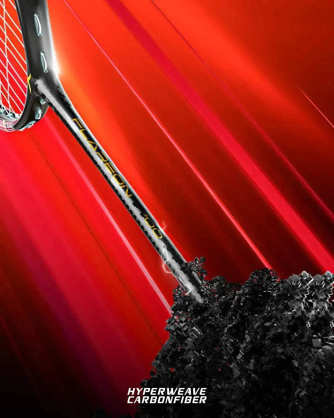 Badminton racket, HUNDRED Flareon 700 Pro, with a black and silver carbon-fibre frame and yellow detailing.