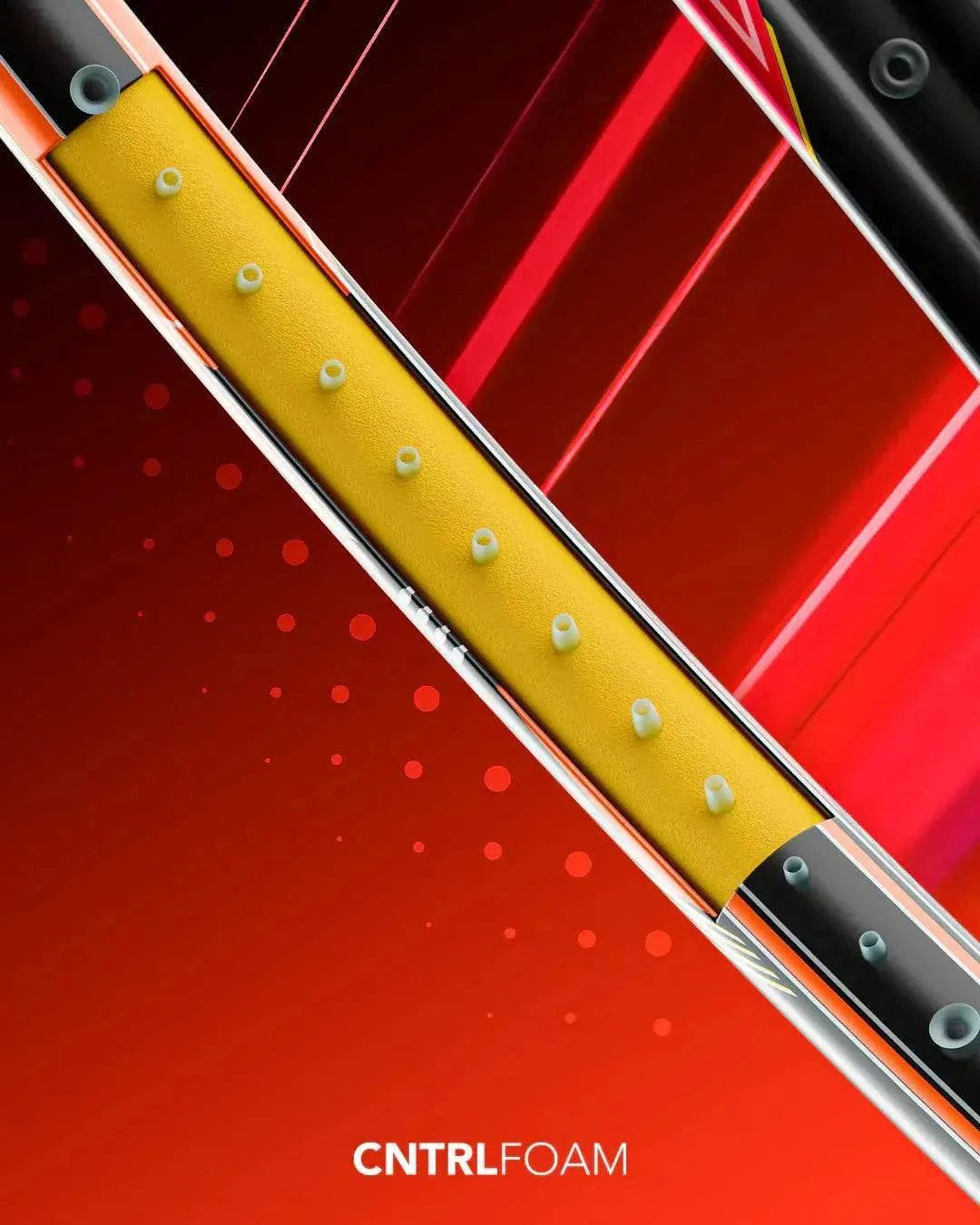 HUNDRED Flareon 700 Pro badminton racket close-up showing a yellow CNTRLFOAM grip and red, black and white shaft