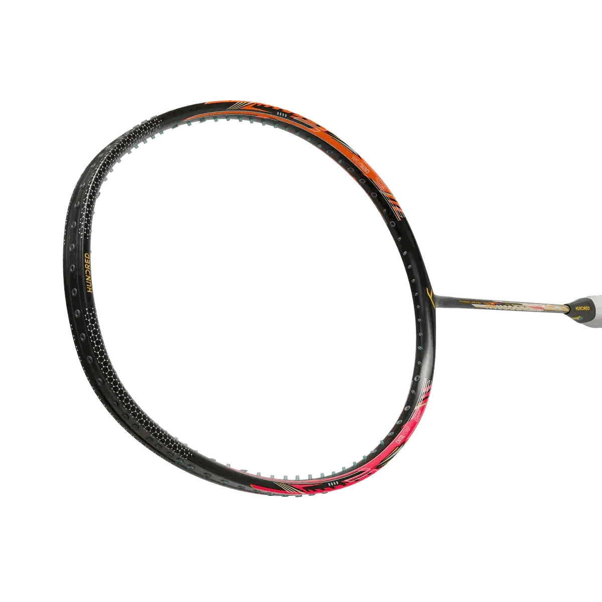 Badminton racket, HUNDRED Flareon 700 Pro, with a black frame, orange and pink accents, and dark grip