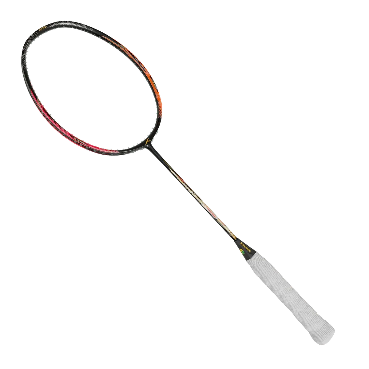 HUNDRED Flareon 700 Pro badminton racket with a black carbon frame, red and orange accents, and white textured grip