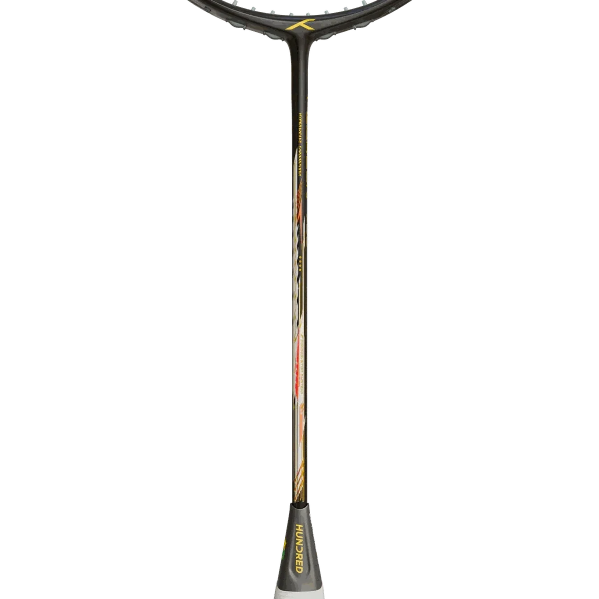 Badminton racket, HUNDRED Flareon 700 Pro, with a black and gold frame, slender shaft and dark branded grip