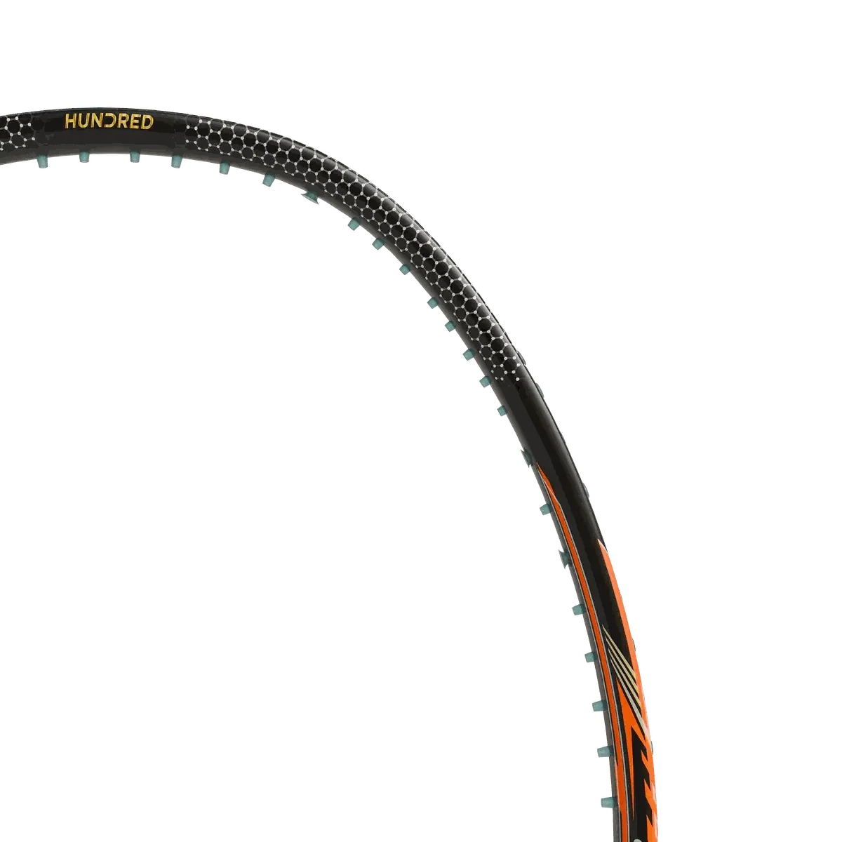 Badminton racket HUNDRED Flareon 700 Pro with a black frame, orange and teal accents, and patterned stringing.