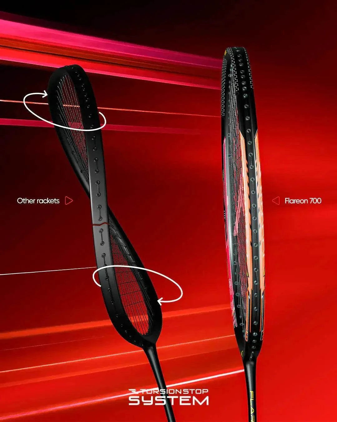 Badminton racket, HUNDRED Flareon 700 Pro, with a slim black frame, red string bed and aerodynamic profile