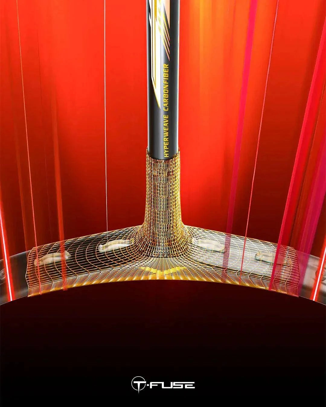Badminton racket HUNDRED Flareon 700 Pro with a gold and black string bed and shaft, and yellow lettering