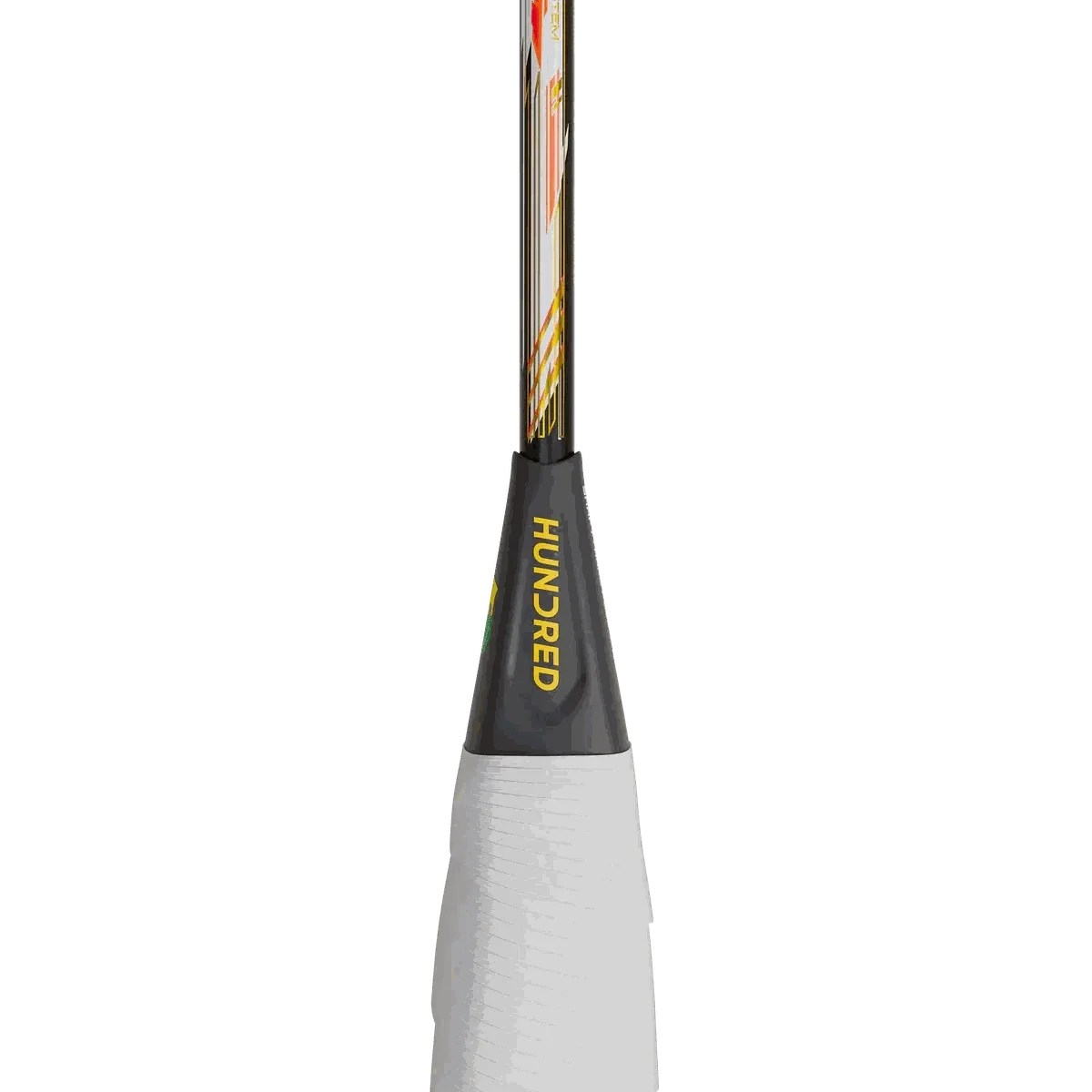 Badminton racket with a white wrapped grip, dark gray cone and yellow HUNDRED logo, plus a white patterned shaft