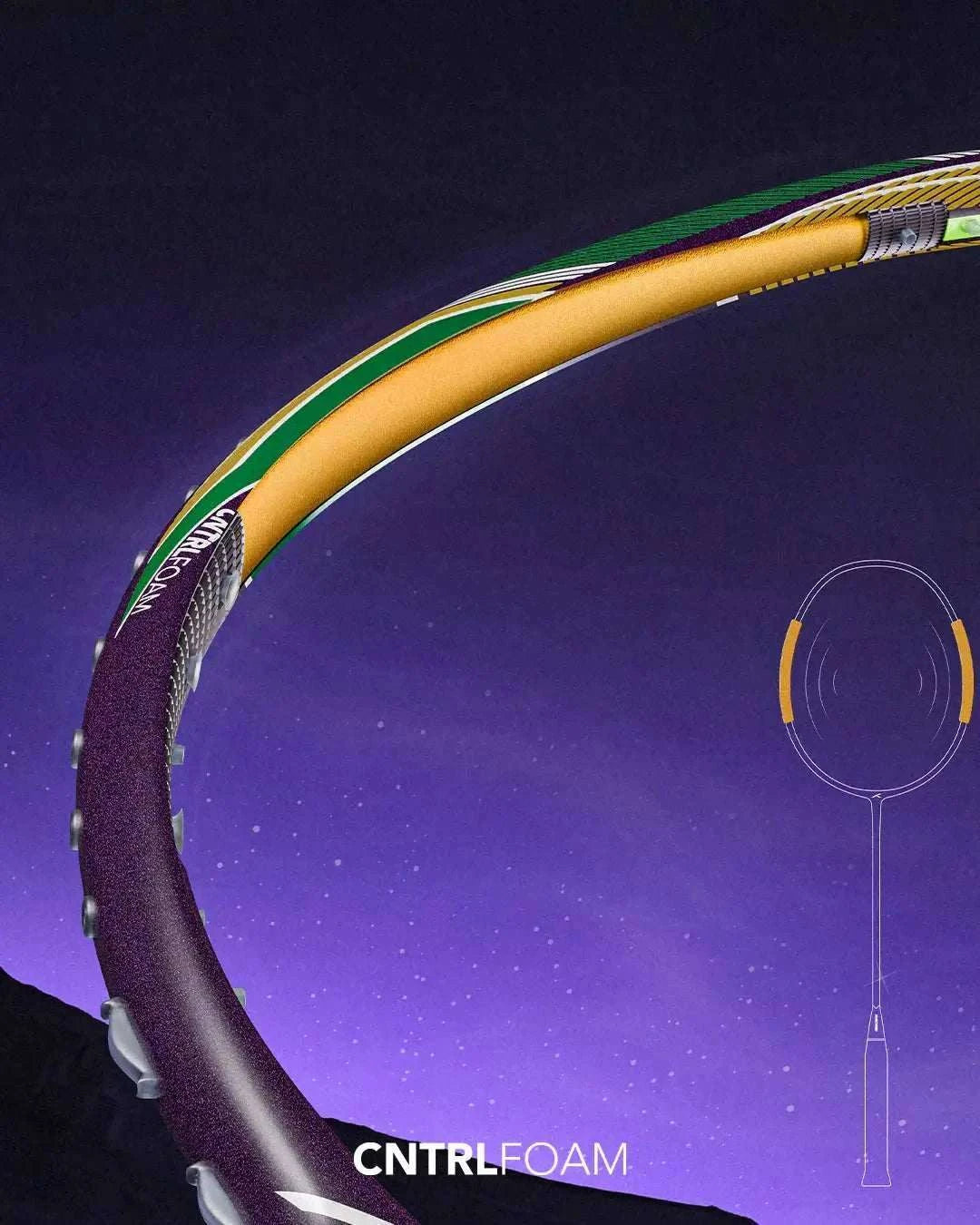 Badminton racket HUNDRED Hyfonic 7 Pro with a curved black, green and gold frame and CNTRL Foam branding