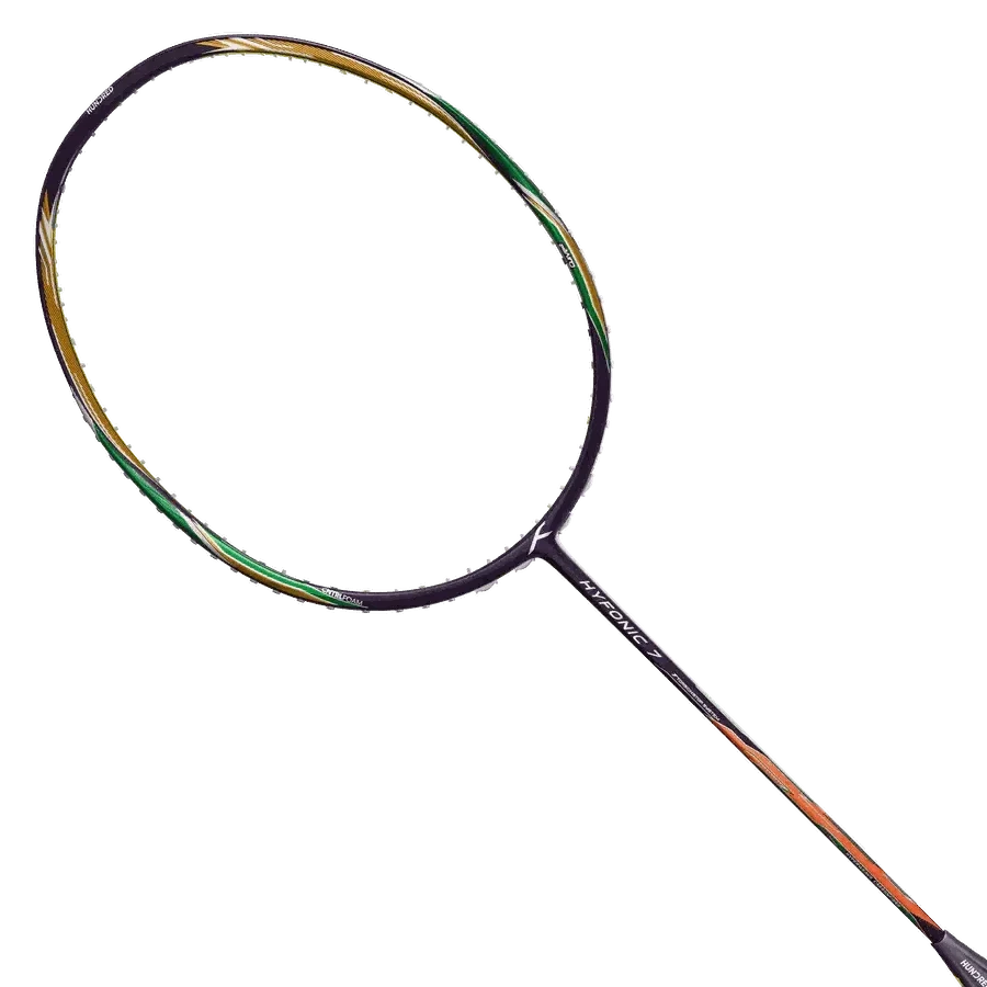 HUNDRED Hyfonic 7 Pro badminton racket with a dark frame, multicoloured accents and a slim shaft