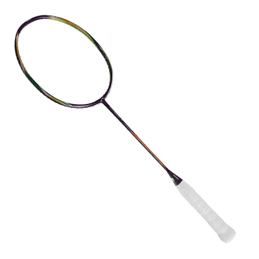 HUNDRED Hyfonic 7 Pro badminton racket with a dark frame, multicolour accents and a white wrapped grip