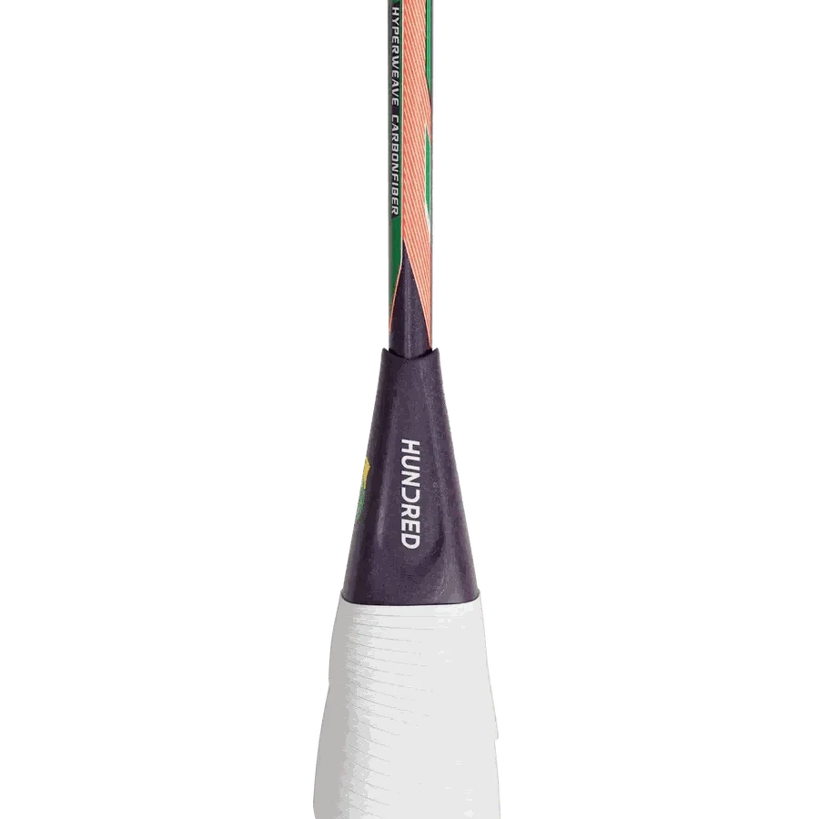HUNDRED Hyfonic 7 Pro badminton racket with a dark purple shaft, coral and green accents, and white wrapped grip