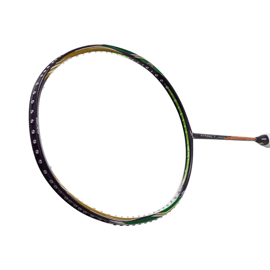 HUNDRED Hyfonic 7 Pro badminton racket with a black frame, green and gold accents, and slim shaft