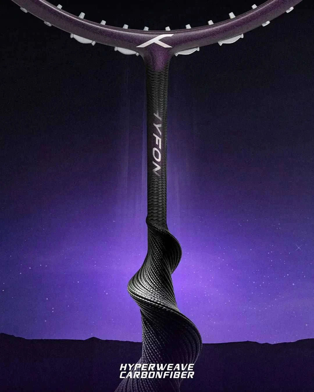 HUNDRED Hyfonic 7 Pro badminton racket with a black carbon fiber shaft and twisted grip detail