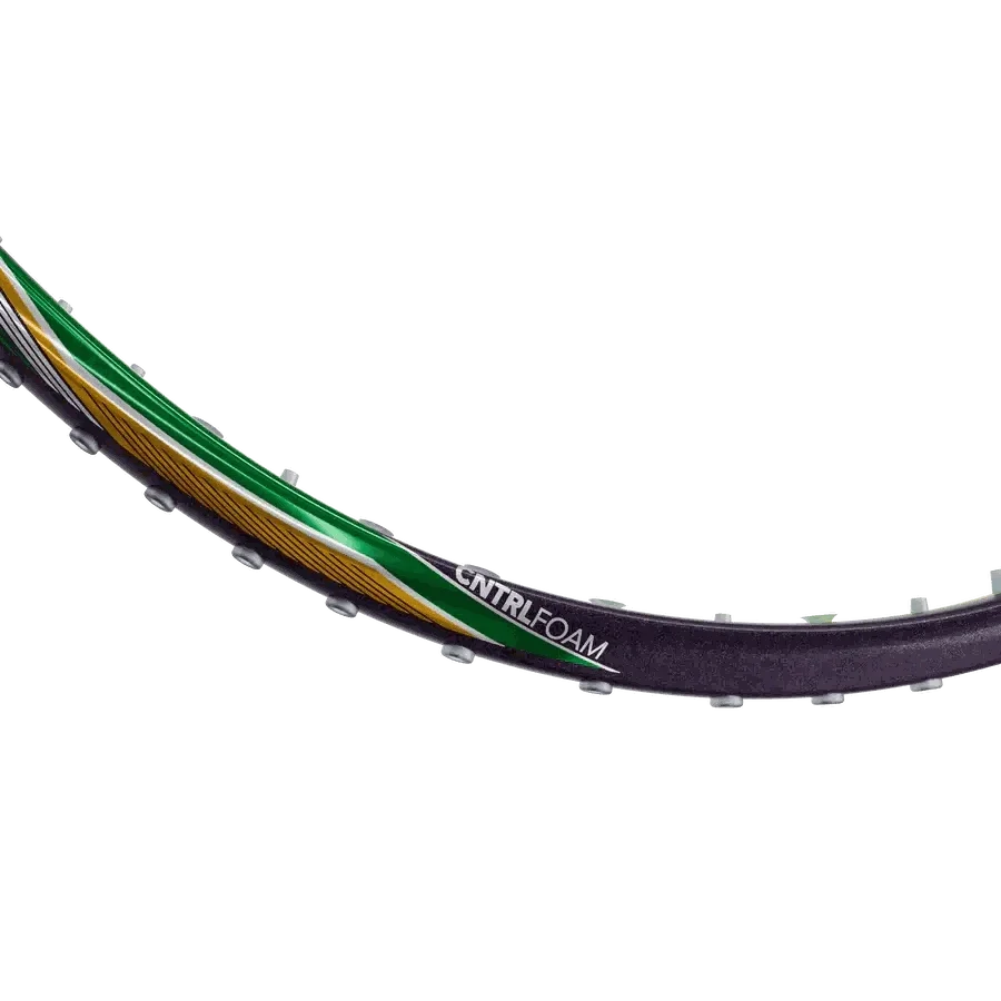 HUNDRED Hyfonic 7 Pro badminton racket frame in black with green and gold accents and CNTRLFOAM detailing