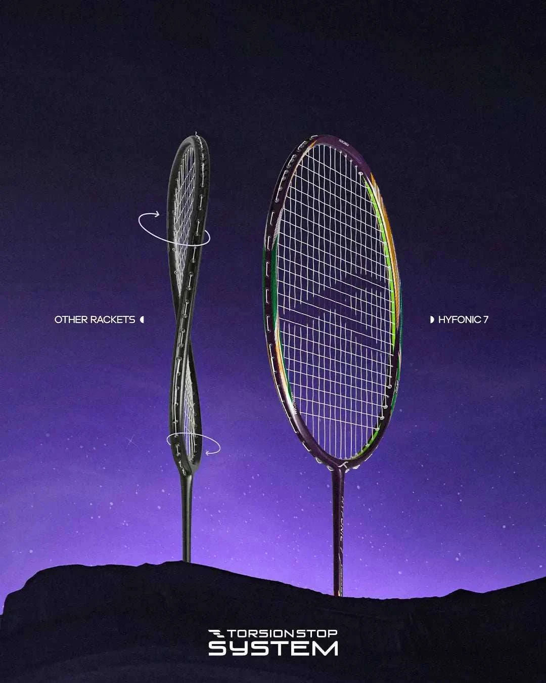 HUNDRED Hyfonic 7 Pro badminton racket with a black frame, multicoloured accents and a fine string bed