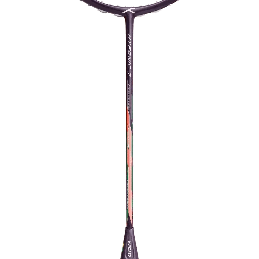 Badminton racket, HUNDRED Hyfonic 7 Pro, with a dark frame and a pink and teal gradient shaft