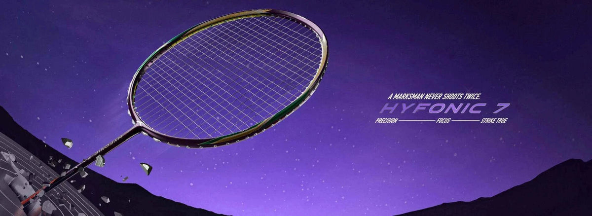HUNDRED Hyfonic 7 Pro badminton racket with a dark graphite frame, oval head and taut string bed