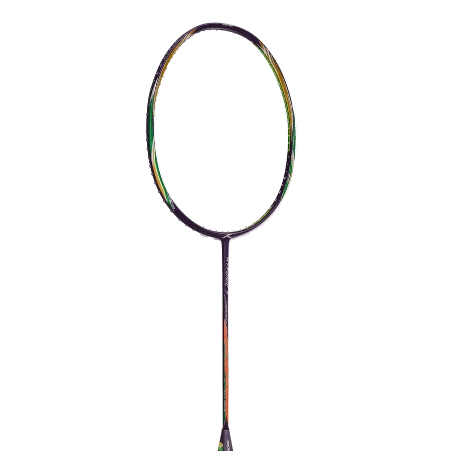 HUNDRED Hyfonic 7 Pro badminton racket with a slim multicolour frame, dark string bed and long narrow shaft