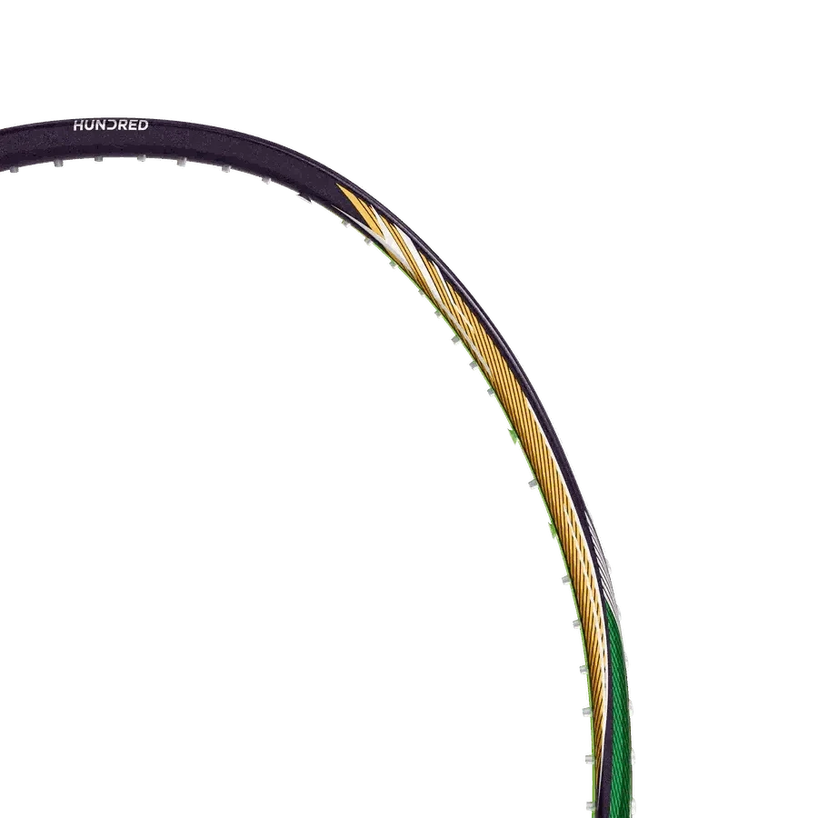 HUNDRED Hyfonic 7 Pro badminton racket frame in dark purple, gold and green with visible white HUNDRED branding