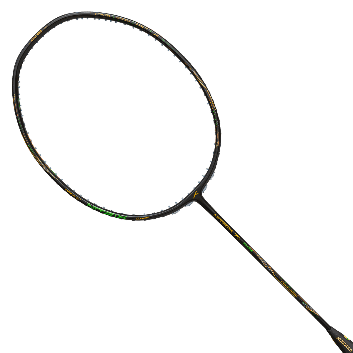 Hundred Nitrix 70 Venom badminton racket in black with slim shaft and subtle multicolour accents on the frame