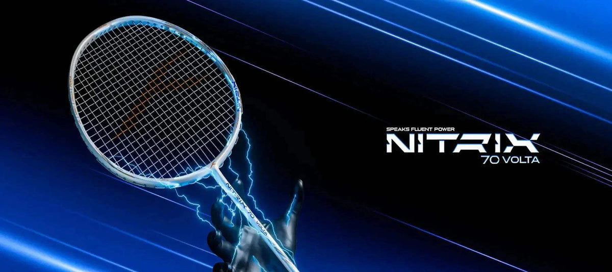 HUNDRED Nitrix 70 Volta Pro badminton racket with a dark frame, blue accents and a tightly strung oval head