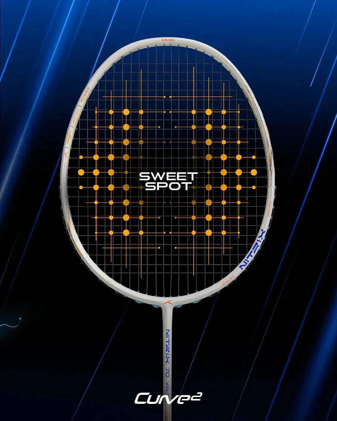 Badminton racket, HUNDRED Nitrix 70 Volta Pro, with a white and blue frame, black string bed and orange sweet spot graphic