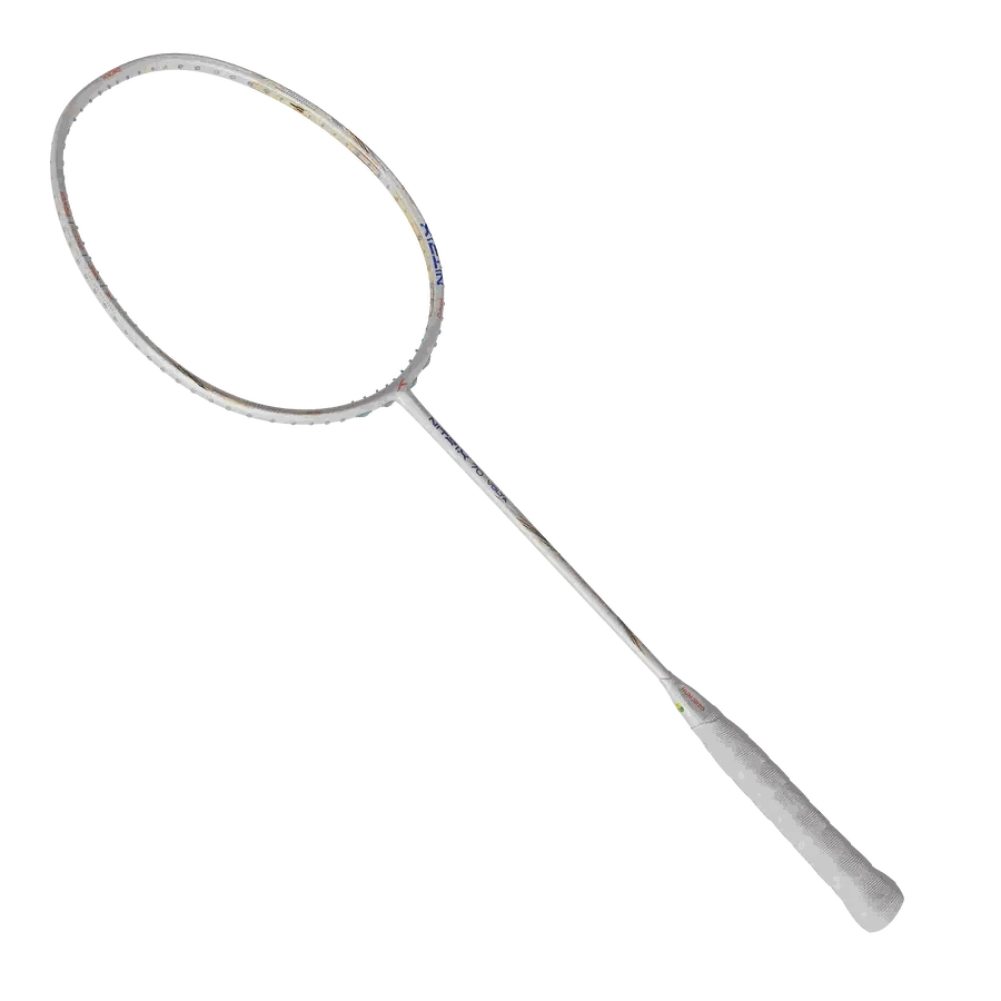 Badminton racket HUNDRED Nitrix 70 Volta Pro with a silver-white frame and shaft, fine strings and grey grip.