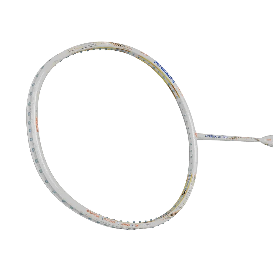 HUNDRED Nitrix 70 Volta Pro badminton racket with a white frame, fine multicolour graphics and a slim shaft