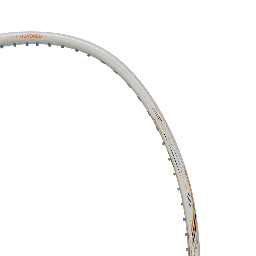 Badminton racket HUNDRED Nitrix 70 Volta Pro with a white frame, orange lettering, and gold and black curved detailing