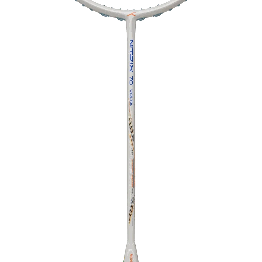 HUNDRED Nitrix 70 Volta Pro badminton racket with a white frame, blue and orange graphics, and slim shaft