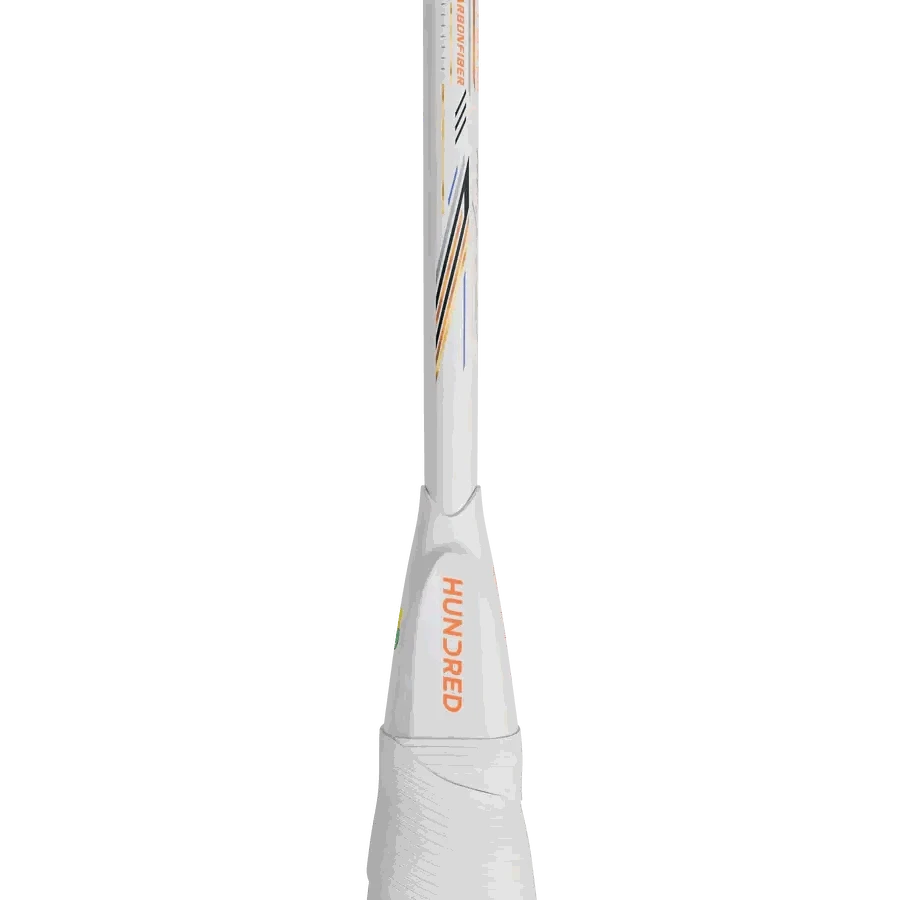 HUNDRED Nitrix 70 Volta Pro badminton racket with a white frame, fine patterned grip and orange branding details