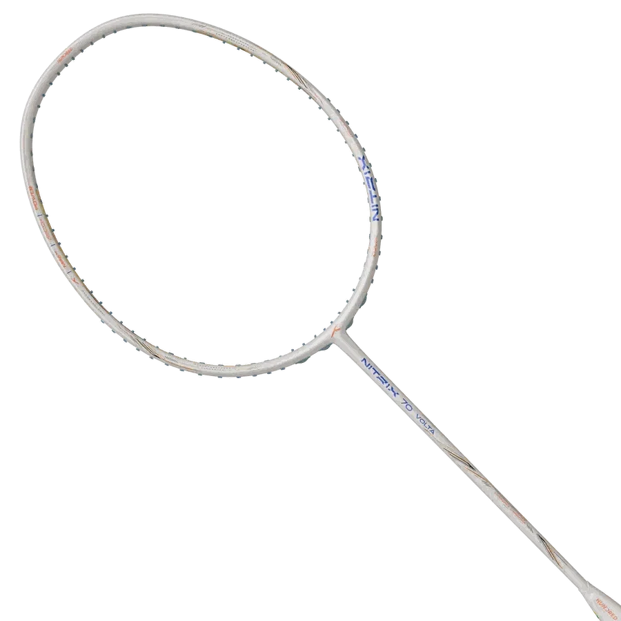 Badminton racket HUNDRED Nitrix 70 Volta Pro with a white frame, fine multicolour accents and slim shaft
