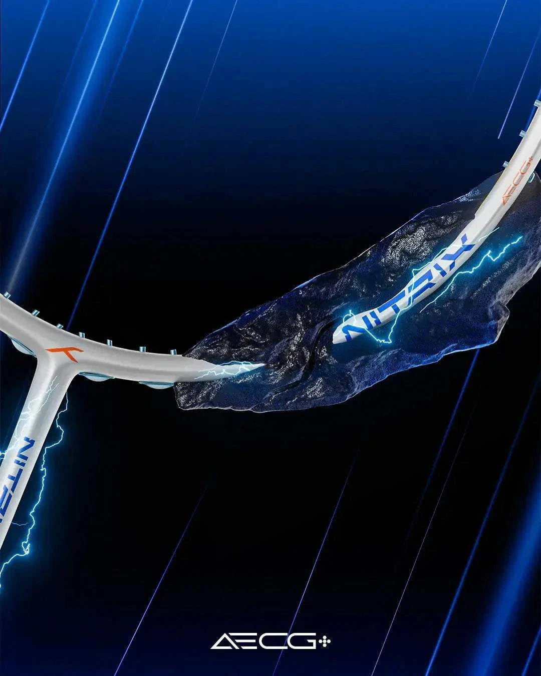 HUNDRED Nitrix 70 Volta Pro badminton racket with a white frame, blue accents and a dark textured shaft