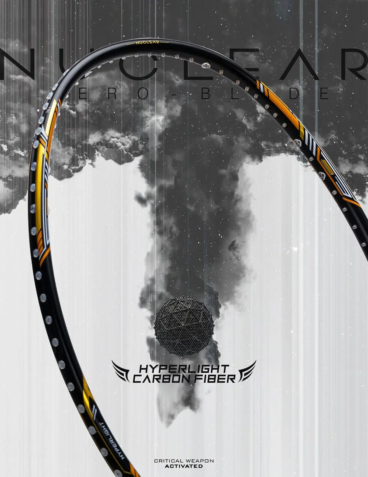 HUNDRED NUCLEAR 72 badminton racket with a black carbon fibre frame, yellow accents and hyperlight branding