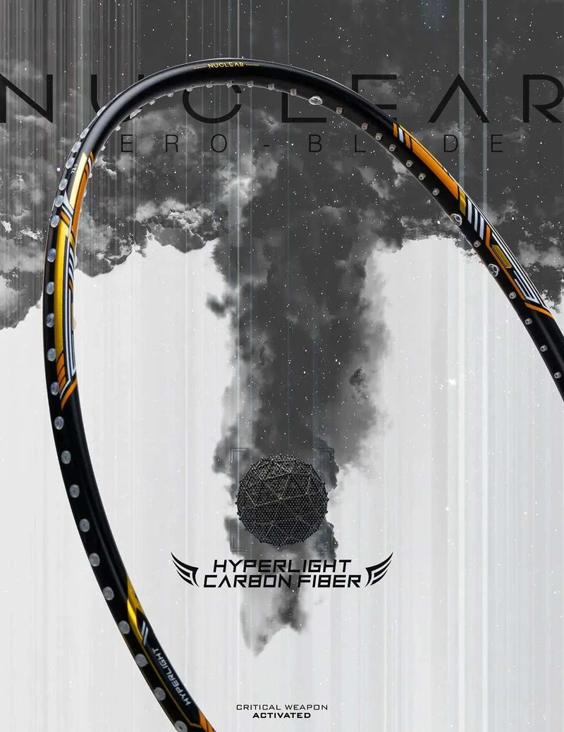 HUNDRED NUCLEAR 72 badminton racket with a black carbon fibre frame, yellow accents and hyperlight branding