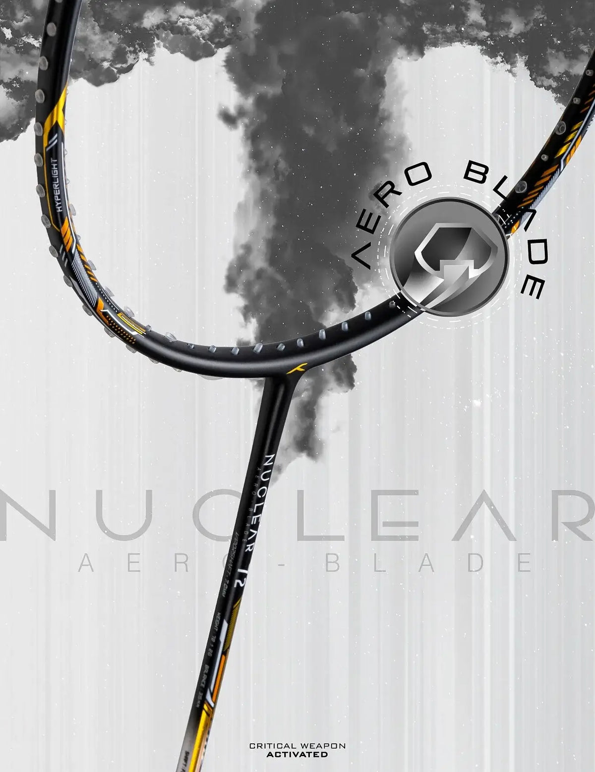 HUNDRED NUCLEAR 72 badminton racket in black carbon fibre with yellow accents and an AeroBlade frame design
