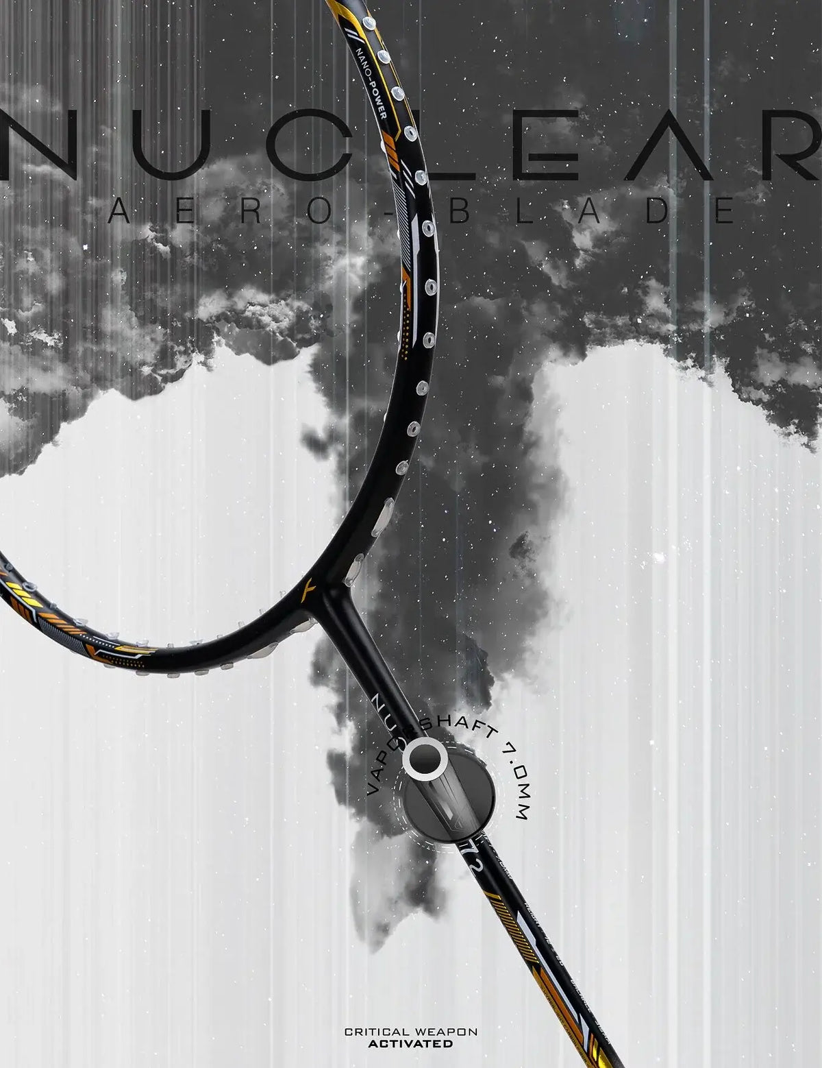 HUNDRED NUCLEAR 72 badminton racket with a black carbon fibre frame, gold accents and curved AeroBlade design