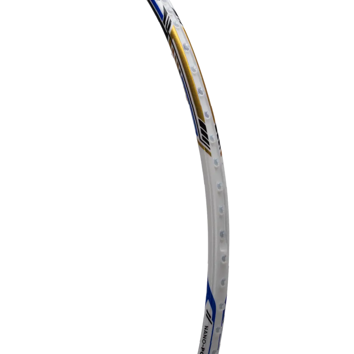 HUNDRED NUCLEAR 72 badminton racket with a silver carbon fibre frame and blue and gold accents