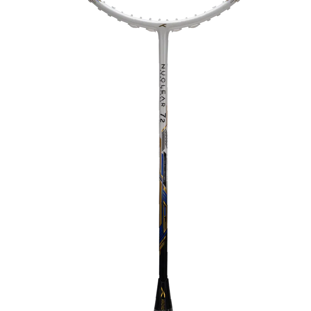HUNDRED NUCLEAR 72 badminton racket with a white frame and shaft, black and blue accents, and dark grip