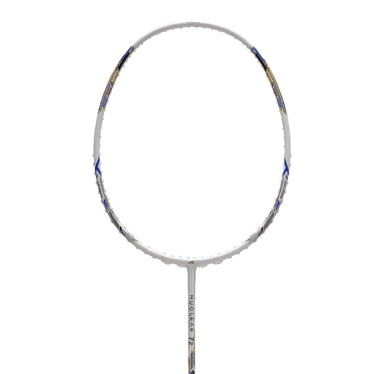 HUNDRED NUCLEAR 72 badminton racket with a white frame and shaft, accented by blue and gold detailing
