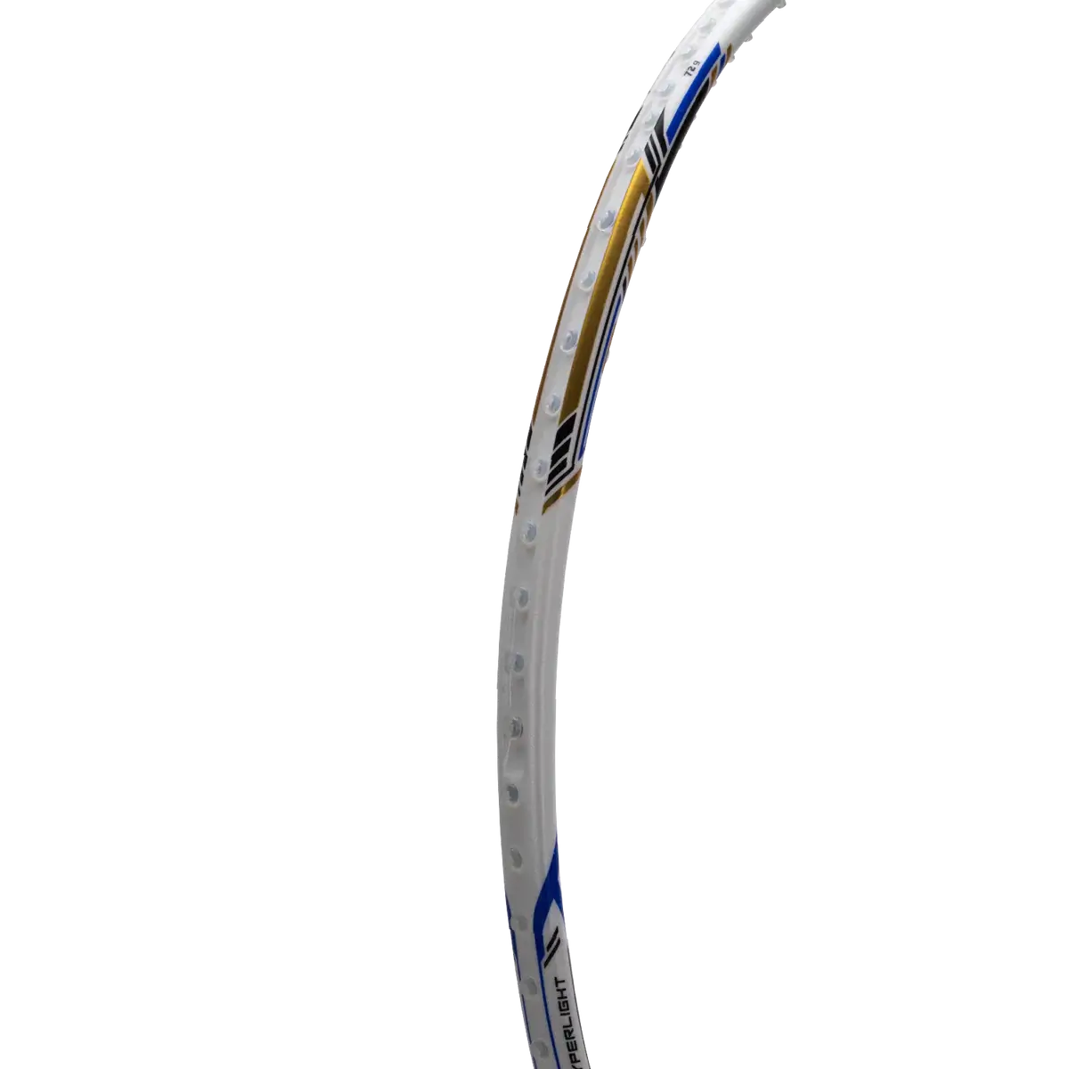 Badminton racket, HUNDRED NUCLEAR 72, with a slim white frame and blue and gold accents