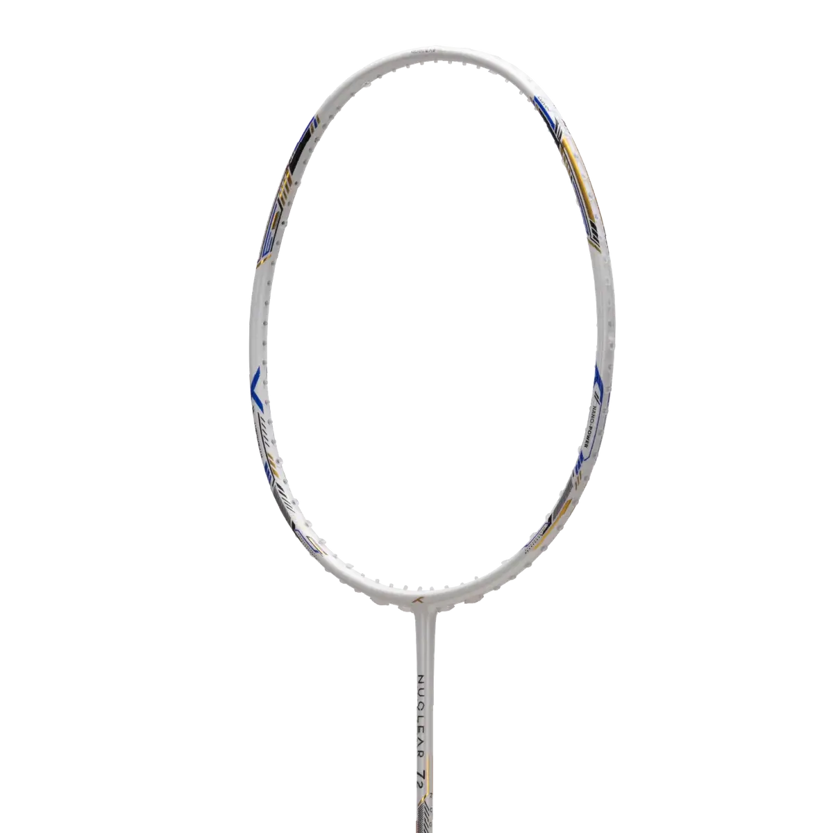 HUNDRED NUCLEAR 72 badminton racket with a white carbon fibre frame and shaft, accented with blue and gold details