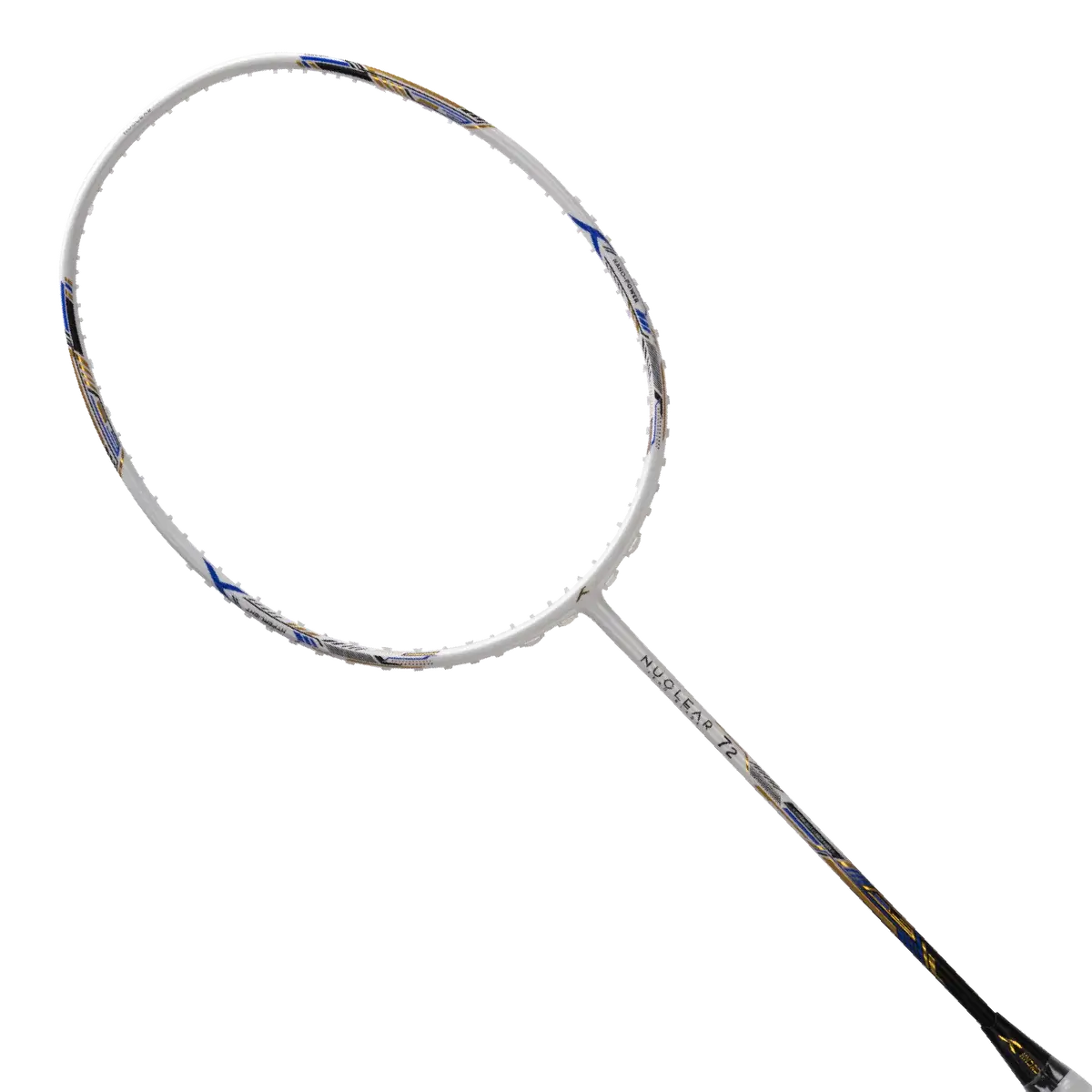Badminton racket HUNDRED NUCLEAR 72 with a white carbon-fibre frame, blue and gold accents, and a slim shaft