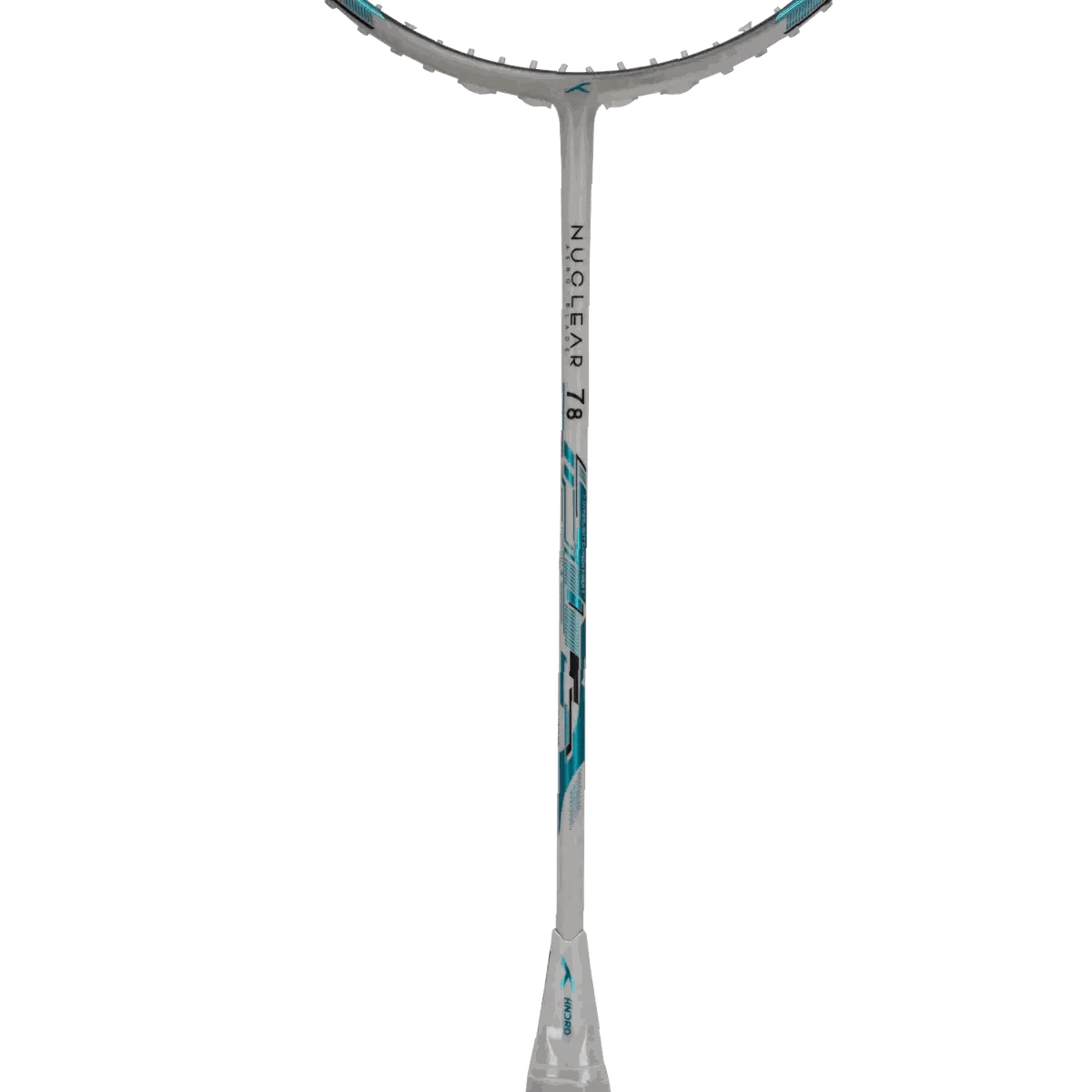 HUNDRED NUCLEAR 78 Badminton Racket with a silver carbon fibre frame and turquoise accents, slim shaft and oval head