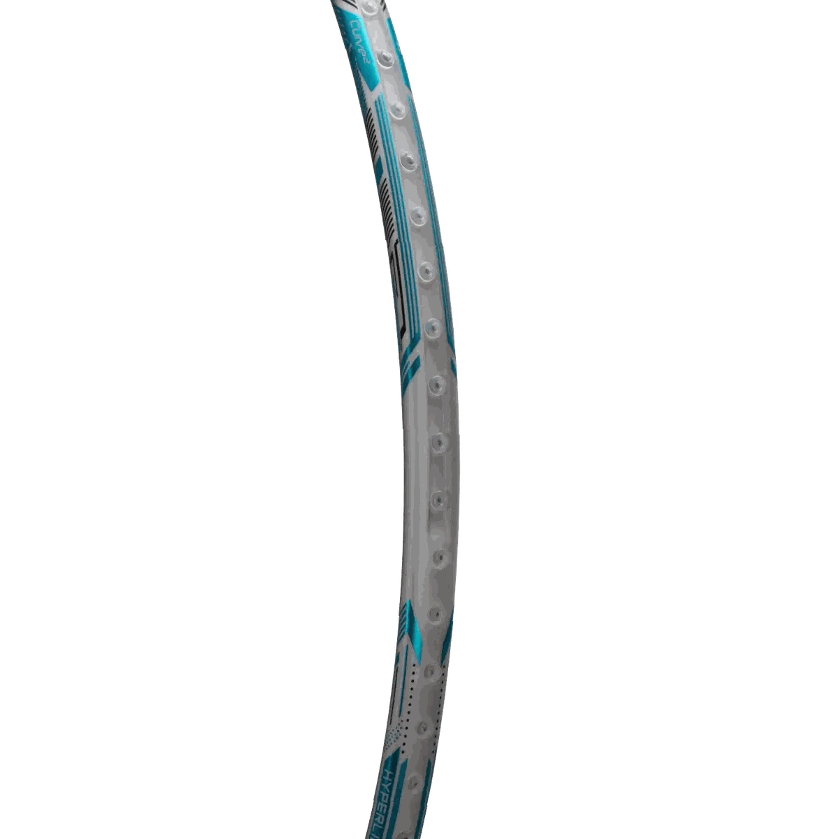 HUNDRED NUCLEAR 78 Badminton Racket with a slim silver carbon fibre frame and turquoise accents